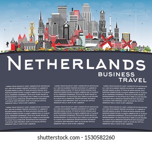 Netherlands Skyline with Gray Buildings, Blue Sky and Copy Space. Vector Illustration. Tourism Concept with Historic Architecture. Cityscape with Landmarks. Amsterdam. Rotterdam. The Hague. Utrecht. 