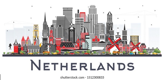 Netherlands Skyline with Gray Buildings Isolated on White. Vector Illustration. Tourism Concept with Historic Architecture. Cityscape with Landmarks. Amsterdam. Rotterdam. The Hague. Utrecht.