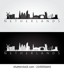 Netherlands skyline and landmarks silhouette, black and white design, vector illustration.