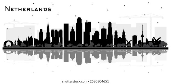 Netherlands Skyline Silhouette with Black Buildings and reflections Isolated on White. Vector Illustration. Historic Architecture. Cityscape with Landmarks. Amsterdam. Rotterdam. The Hague. Utrecht.