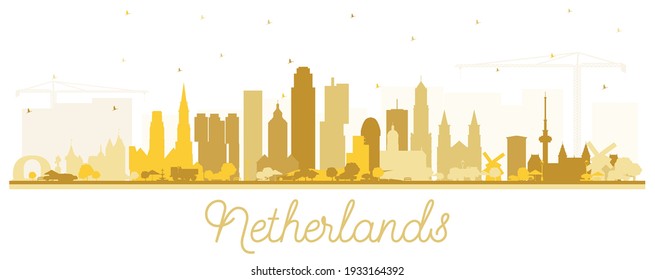 Netherlands Skyline Silhouette with Golden Buildings Isolated on White. Vector Illustration. Tourism Concept with Historic Architecture. Cityscape with Landmarks. Amsterdam. Rotterdam. The Hague.