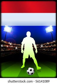 Netherlands Soccer Player with Flag on Stadium Background Original Illustration