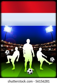Netherlands Soccer Player with Flag on Stadium Background Original Illustration