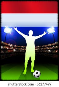 Netherlands Soccer Player with Flag on Stadium Background Original Illustration