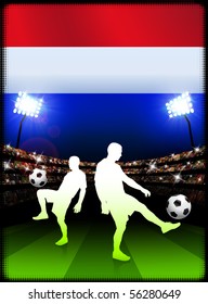 Netherlands Soccer Player with Flag on Stadium Background Original Illustration