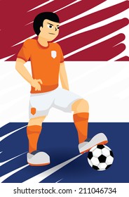 Netherlands soccer player in Netherlands soccer jersey.With Netherlands flag background.