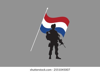 Soldado de los Países Bajos con bandera, Vector de la bandera de los Países Bajos, bandera de los Países Bajos es un símbolo de libertad, bandera nacional de los Países Bajos, Ilustración vectorial
