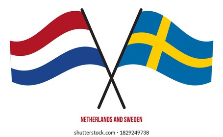 Netherlands and Sweden Flags Crossed And Waving Flat Style. Official Proportion. Correct Colors.