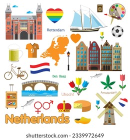Netherlands symbolics and holland travel icons isolated set. Vector illustration of amsterdam architecture building, famous tourists landmarks, map, traditional food and national flag