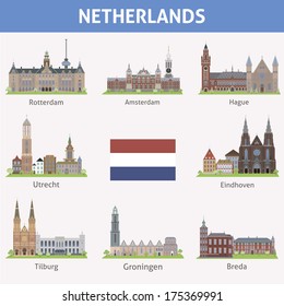 Netherlands. Symbols of cities. Vector set