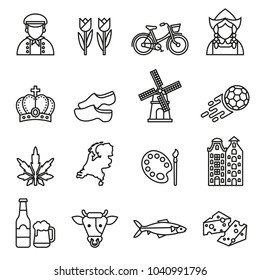 Netherlands Symbols And Dutch Culture Icons Set On White Background. Line Style Stock Vector.