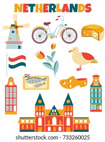  Netherlands symbols and elements. Traditional houses, the Rijksmuseum, windmill, tulips, bicycles, herring, boots. Set for postcards, invitations, toureist leaflets, media, travel blogs