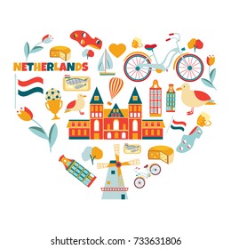 Netherlands symbols and landmarks. 	the Rijksmuseum, bicycle, cheese, herring, windmill,  football. Dutch flag. Suitable for wem sites, travel blogs and books, postcards, invitations