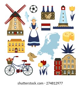 Netherlands symbols set with windmills  bicycle cheese isolated vector illustration