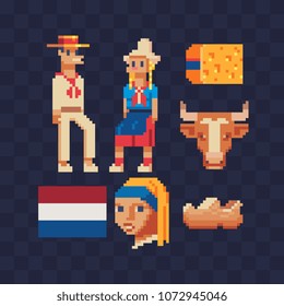 Netherlands traditional elements culture pixel art icons Part 1, national Dutch flag man and woman character in traditional clothes isolated vector illustration. 8-bit. Design stickers, logo, app.