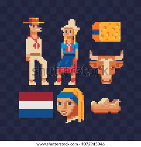 Netherlands traditional elements culture pixel art icons Part 1, national Dutch flag man and woman character in traditional clothes isolated vector illustration. 8-bit. Design stickers, logo, app.
