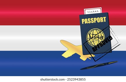 Netherlands Travel Documentation Concept with blue Passport and Netherlands Flag. Approved Stamp. Airplane and Travel Tickets. Ideal for Immigration Tourism and Traveling Themes. Vector EPS available