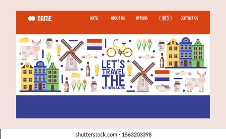 Netherlands travel icons, vector illustration. Tour agency website design, landing page template in colors of Dutch flag. Main symbols of Holland windmill, bicycle, tulips, old houses and beer