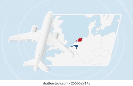 Netherlands Travel Illustration with Plane and National Flag. Ideal for travel agencies, promotional materials, or geographic content related to Netherlands.