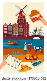 Netherlands travel postcard, main symbols of Dutch culture and sightseeing landmarks, vector illustration. Amsterdam canals and traditional architecture, costumes and cuisine. European trip souvenir