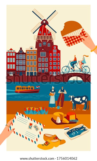 Netherlands travel postcard, main symbols of\
Dutch culture and sightseeing landmarks, vector illustration.\
Amsterdam canals and traditional architecture, costumes and\
cuisine. European trip\
souvenir