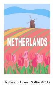 Netherlands travel poster with flowering fields and mills.