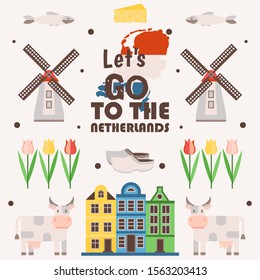 Netherlands travel poster, vector illustration. Symbols of main Dutch tourist attractions, simple icons in flat style. Traditional windmills, tulips, old houses and cows. Sightseeing tour in Holland