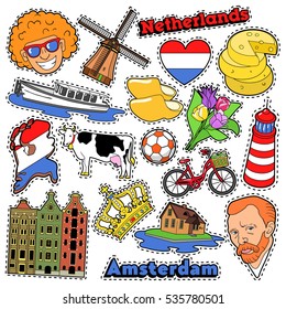 Netherlands Travel Scrapbook Stickers, Patches, Badges for Prints with Clogs, Cheese and Holland Elements. Comic Style Vector Doodle