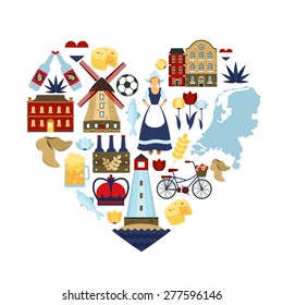 Netherlands Travel Symbols And Dutch Landmarks In Heart Shape Flat Vector Illustration