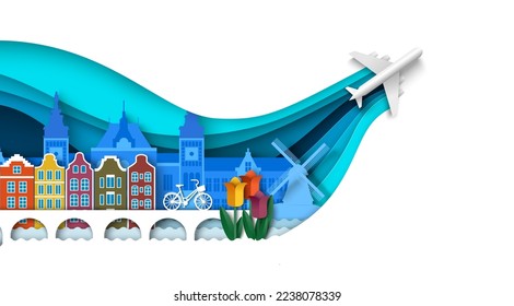 Netherlands travel vector illustration. Amsterdam city landmark background design in paper cut art style. Holland country culture and historic place of destination