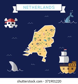 Netherlands treasure map in flat design. Colorful cartoon treasure map of Netherlands with flat design icons of pirate ship and jolly roger. Netherlands flat design vector illustration.