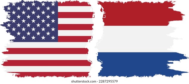 Netherlands and USA grunge flags connection, vector
