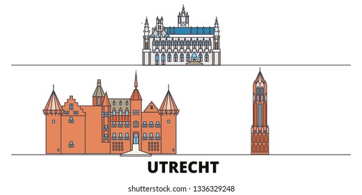 Netherlands, Utrecht flat landmarks vector illustration. Netherlands, Utrecht line city with famous travel sights, skyline, design. 