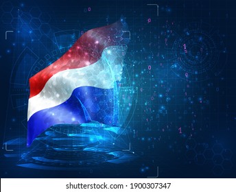 Netherlands, vector 3d flag on blue background with hud interfaces