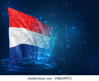 Netherlands, vector 3d flag on blue background with hud interfaces