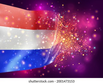 Países Bajos, pabellón vectorial 3d sobre fondo púrpura rosa con iluminación y bengalas