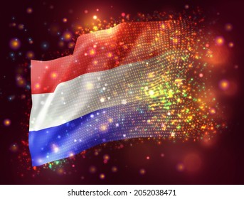 Países Bajos, pabellón vectorial 3d sobre fondo púrpura rosa con iluminación y bengalas
