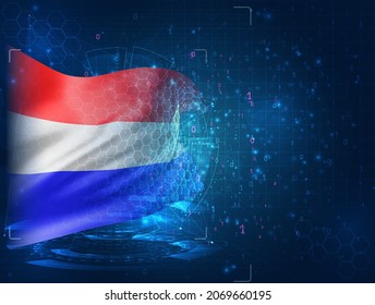 Netherlands, vector 3d flag on blue background with hud interfaces