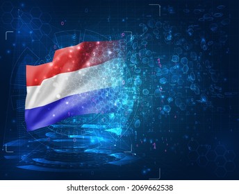 Netherlands, vector 3d flag on blue background with hud interfaces