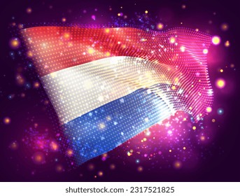 Netherlands, vector 3d flag on pink purple background with lighting and flares