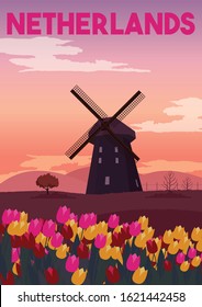 Netherlands Vector Illustration Background. Historical Panorama in Holland with Tulip Flower. Flat Cartoon Vector Illustration in Colored Style.