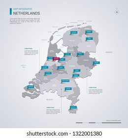 Netherlands vector map with infographic elements, pointer marks. Editable template with regions, cities and capital Amsterdam. 
