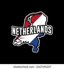 Netherlands vector map silhouette illustration isolated on black background. Sticker, made in Netherlands, map, silhouette, flag, emblem, identity, nation.