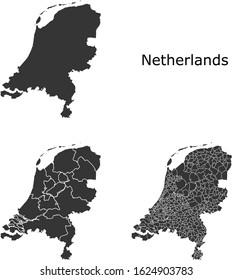 Netherlands vector maps with administrative regions, municipalities, departments, borders