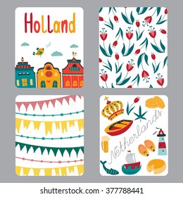 Netherlands vector set of small card templates with traditional Holland elements. Travel touristic illustration. For greeting cards, brochures, tags and labels, souvenirs, invitations, calendars. 