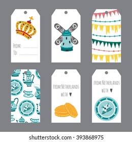 Netherlands vector set of tag templates with traditional Holland elements. Travel touristic illustration. For greeting cards, invitations, souvenirs and gifts decoration, sales design, scrapbooking.