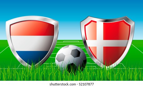 Netherlands versus Denmark abstract vector illustration isolated on white background. Shiny football shield of flag Netherlands versus Denmark