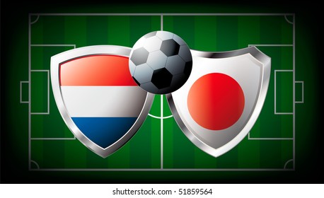 Netherlands versus Japan abstract vector illustration isolated on white background. Soccer match in South Africa 2010. Shiny football shield of flag Netherlands versus Japan