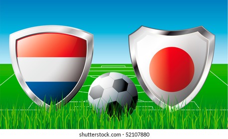Netherlands versus Japan abstract vector illustration isolated on white background.  Shiny football shield of flag Netherlands versus Japan