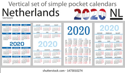 Netherlands vertical set of pocket calendars for 2020 (Two thousand nineteen). Week starts Monday. New year. Color simple design. Vector